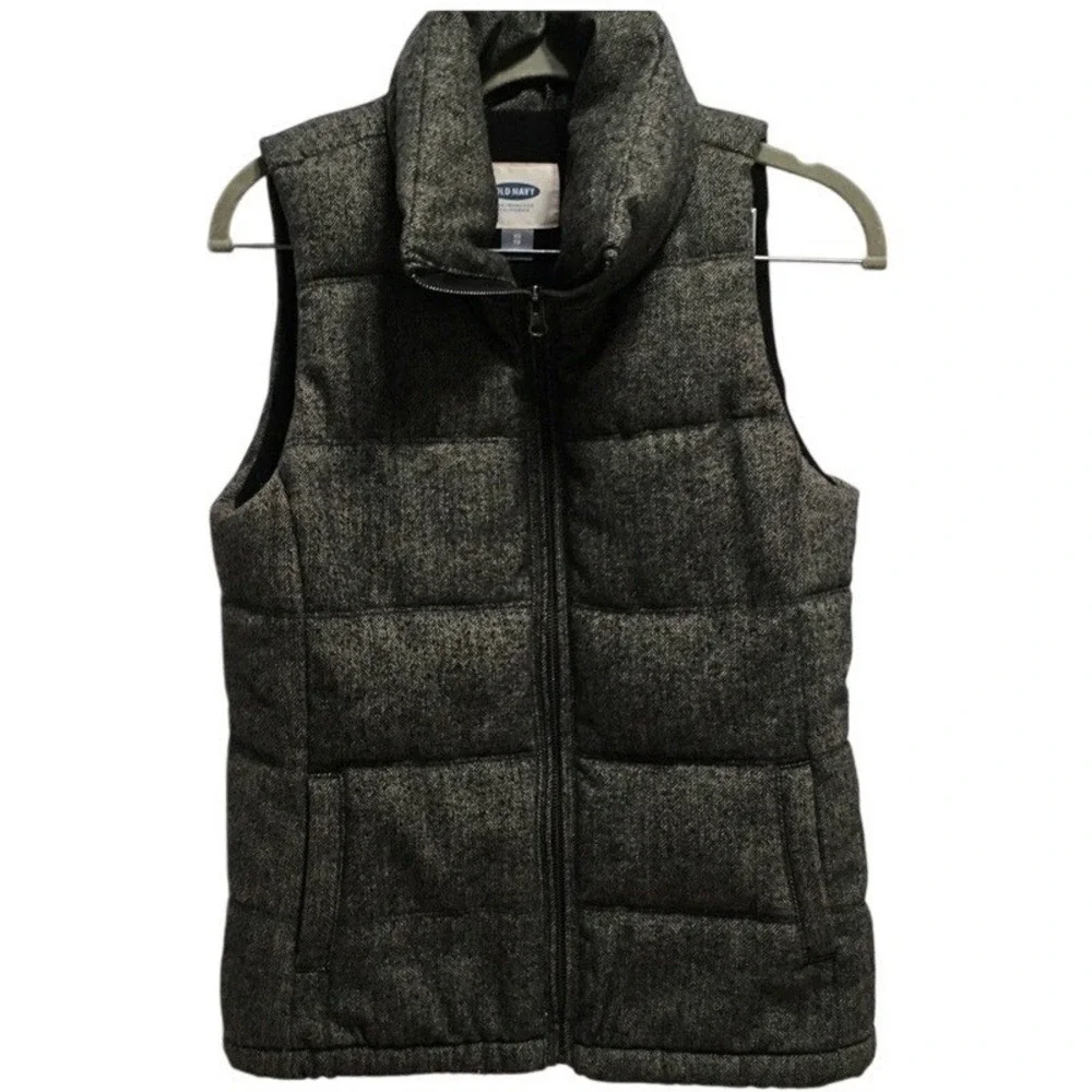 Old Navy Women's Puffer Vest Herringbone Tweed Full‎ Zip Stand Collar XS
